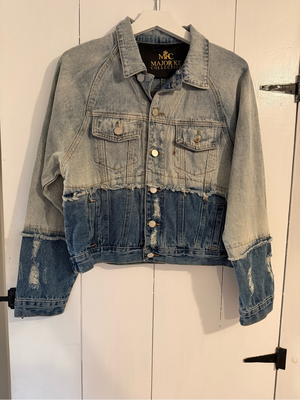 Two-Tone Distressed Denim Jacket - Light & Dark Blue